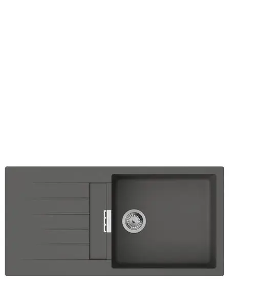 Einbauspüle in Steingrau mit integrierter Abtropffläche von Hansgrohe. Die Spüle hat eine rechteckige Form und eine zentrale Abflussöffnung.